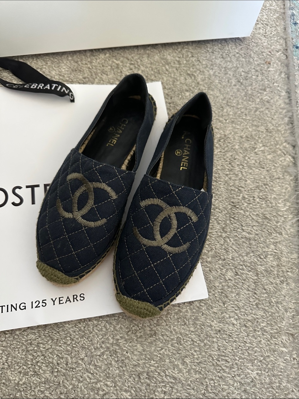CHANEL Navy Quilted Espadrilles with Beige CC Logo